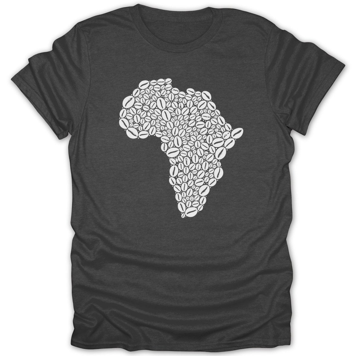 Dark t-shirt featuring the outline of Africa filled with coffee beans.