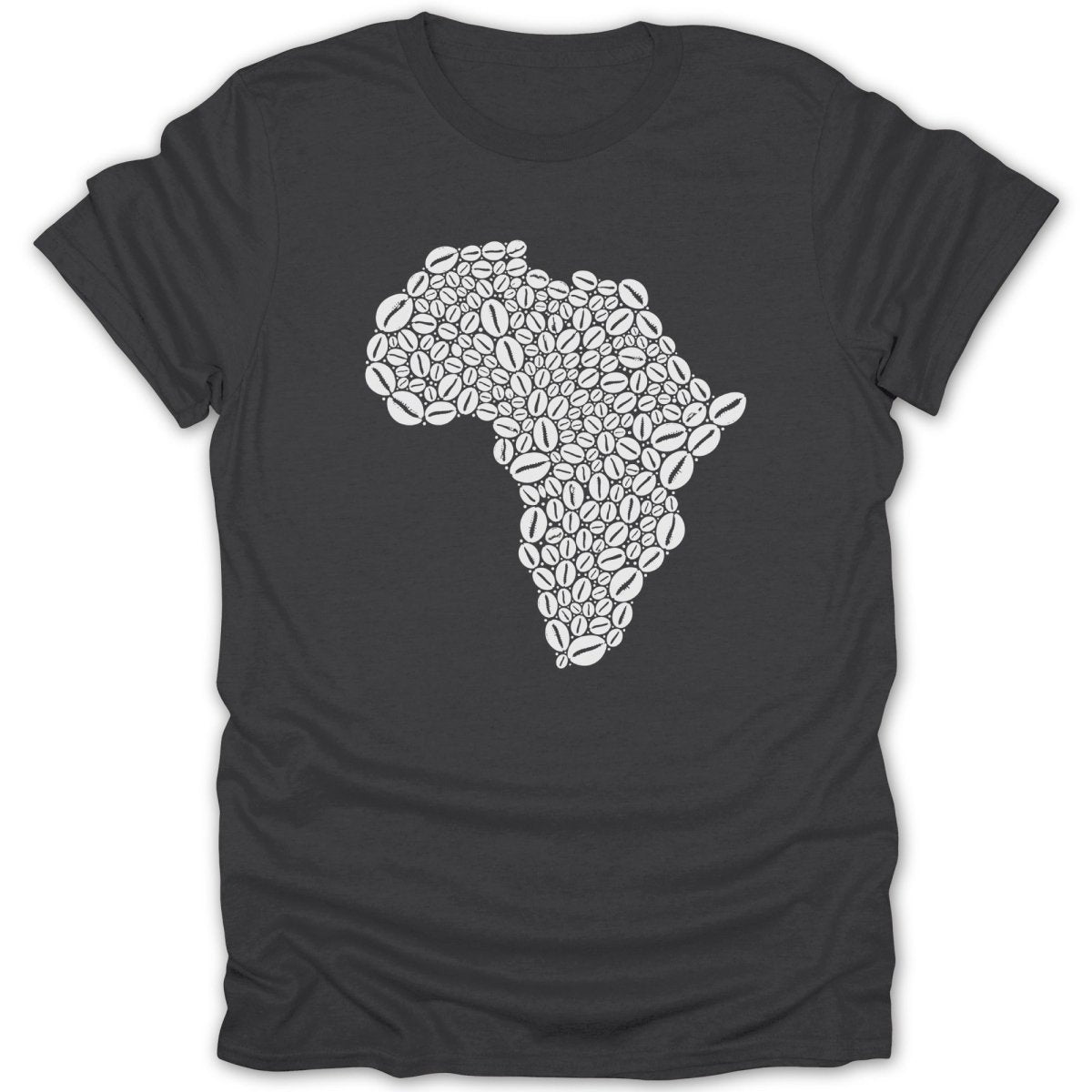 Dark grey t-shirt with Africa map made of coffee beans.