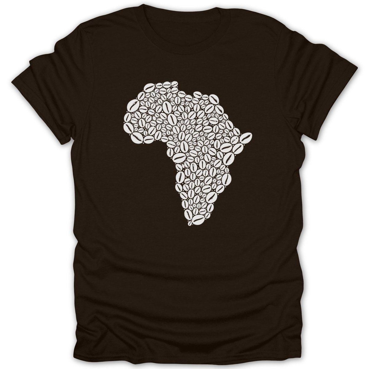 Brown t-shirt with Africa map design made of coffee beans.