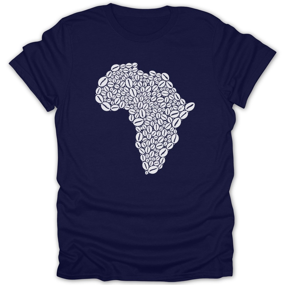 Dark blue t-shirt with the continent of Africa outlined in white coffee beans.