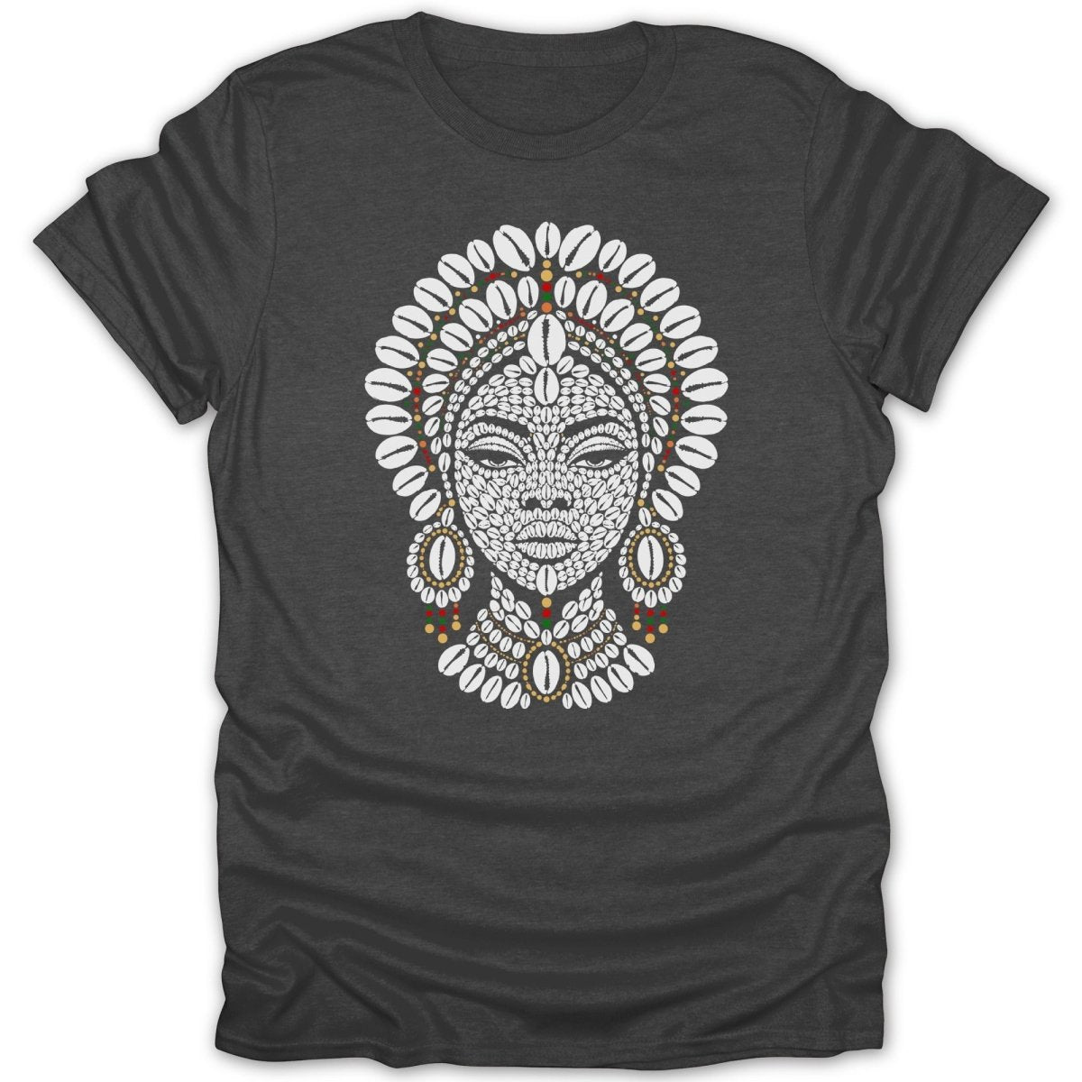 Dark t-shirt with white beaded tribal woman's face design.