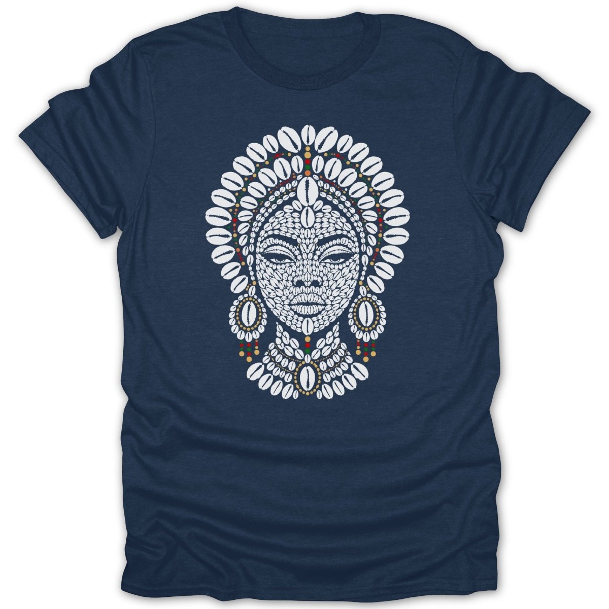 Navy t-shirt with a graphic of a woman's face adorned with cowrie shells and beads.