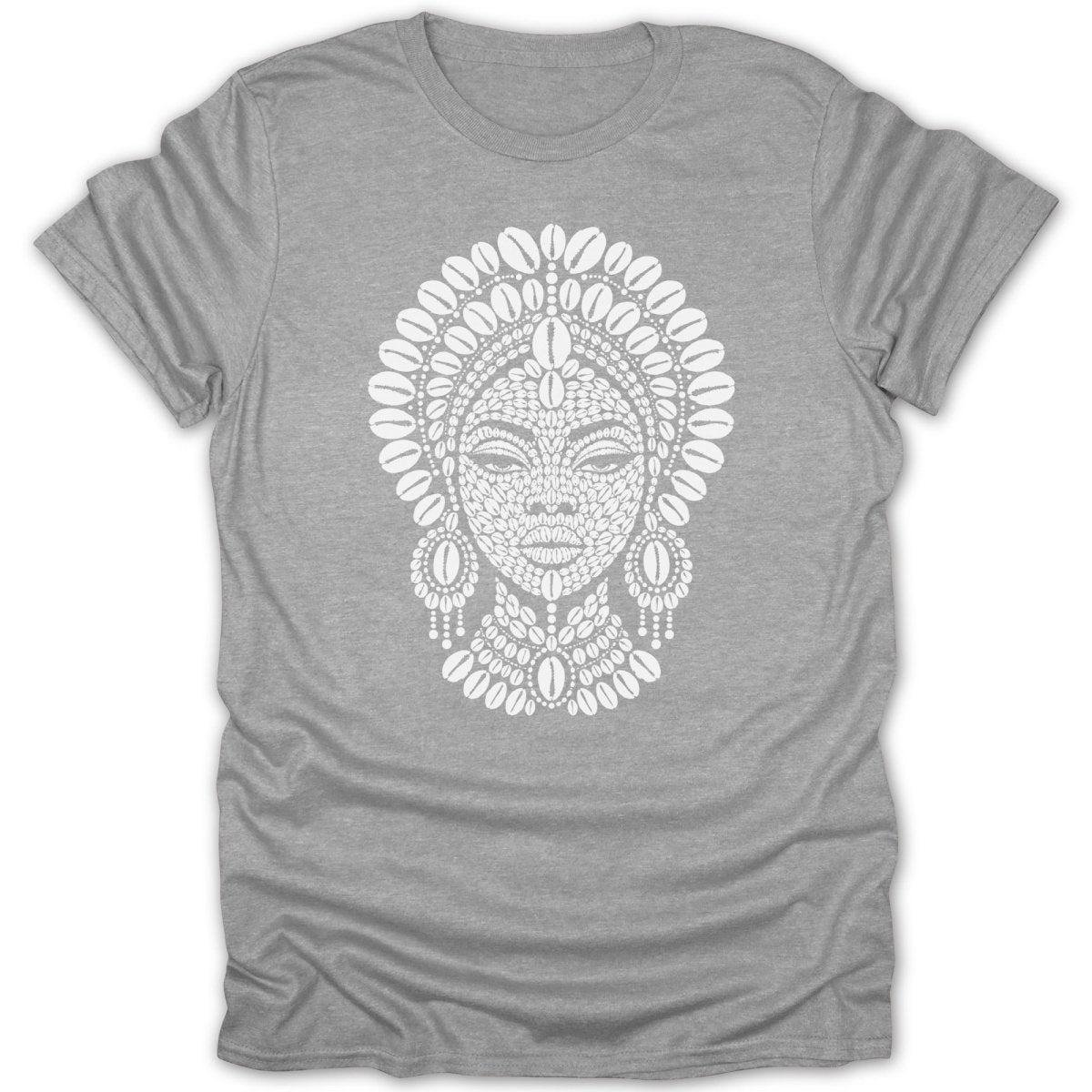 Grey t-shirt with a white graphic of a woman's face adorned with elaborate jewelry.