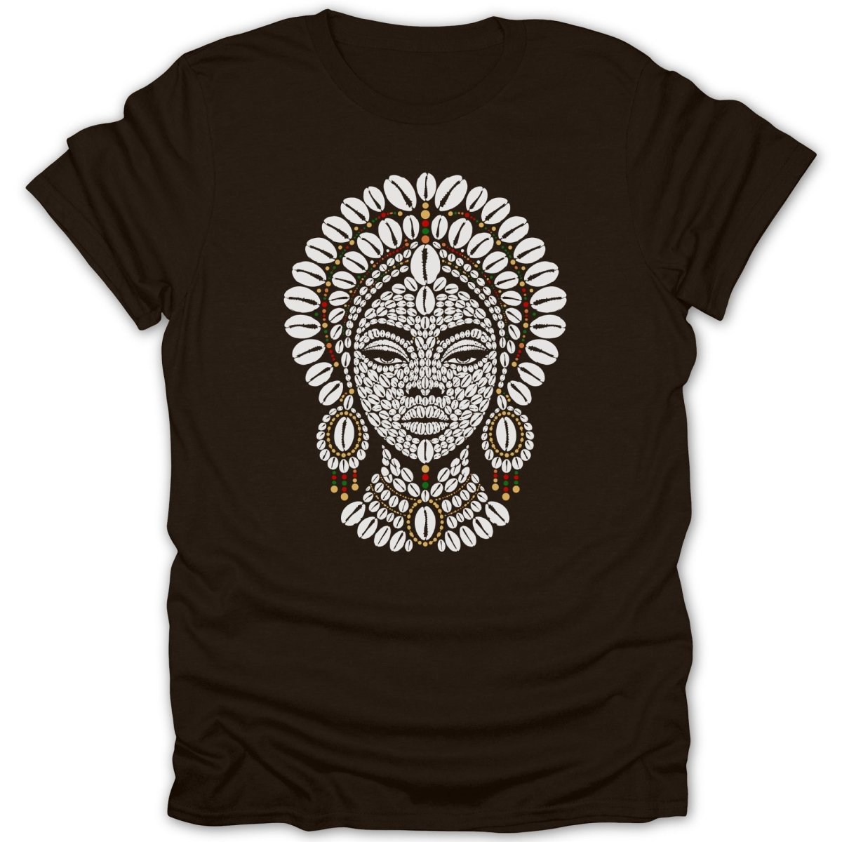 Brown t-shirt with a white graphic of a woman's face adorned with shells and beads.