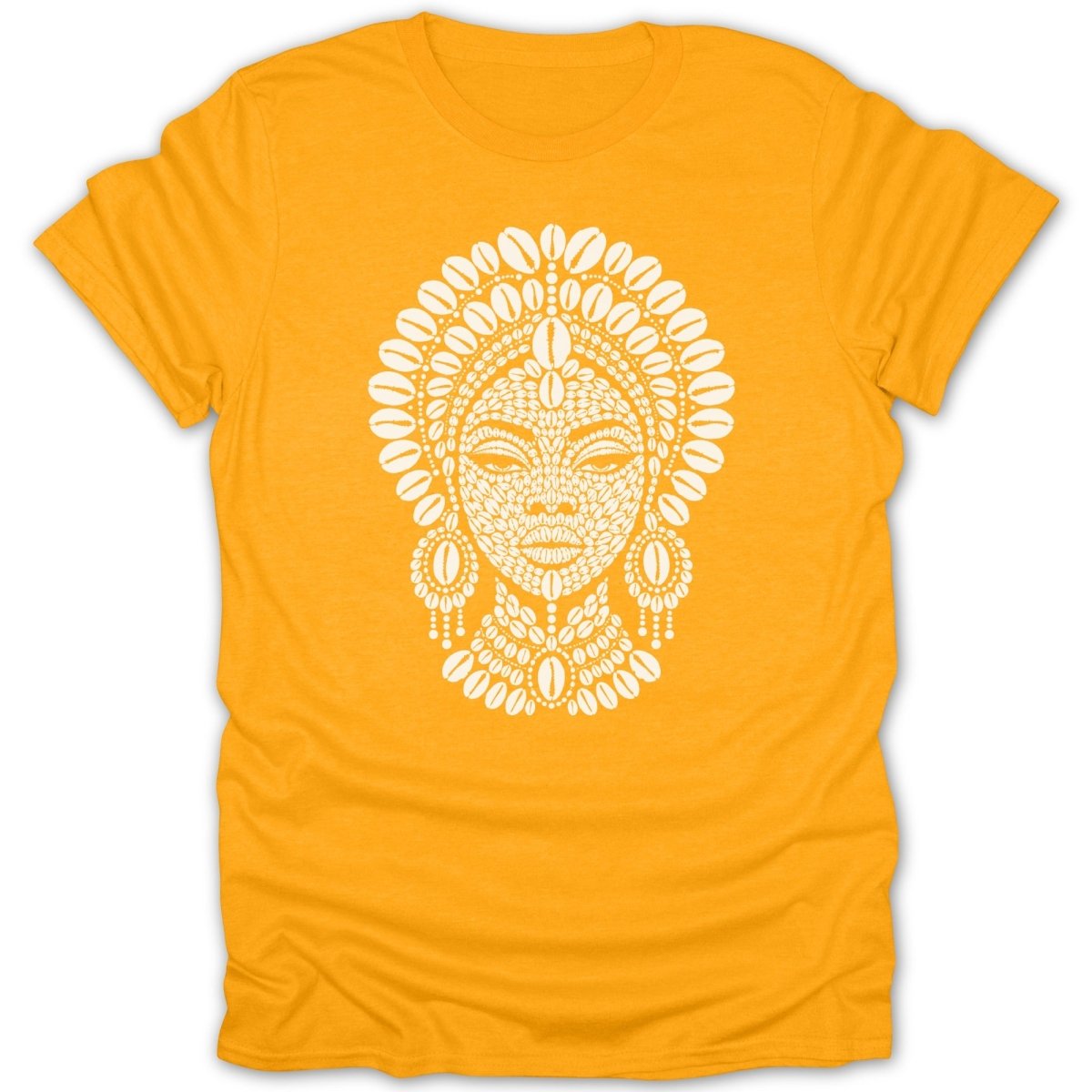 Orange t-shirt with a white tribal face design adorned with shells.