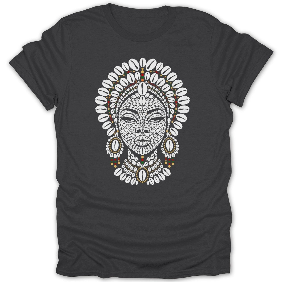 T-shirt with a stylized portrait of a woman adorned with cowrie shells and beads.