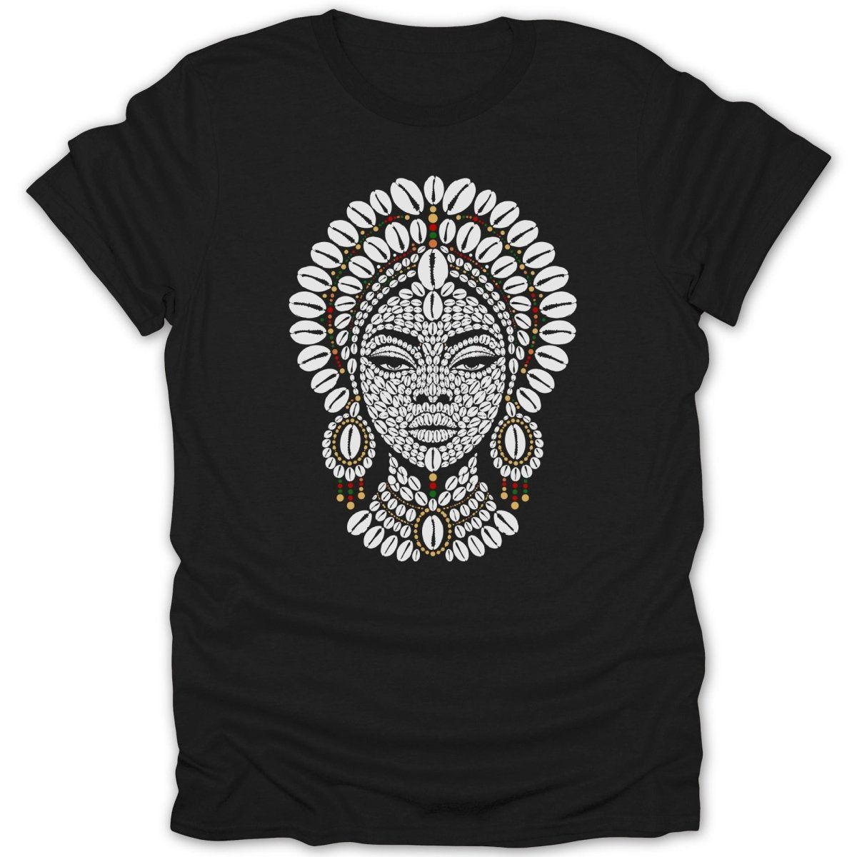 Black t-shirt with a white and red beaded face and cowrie shell headdress.