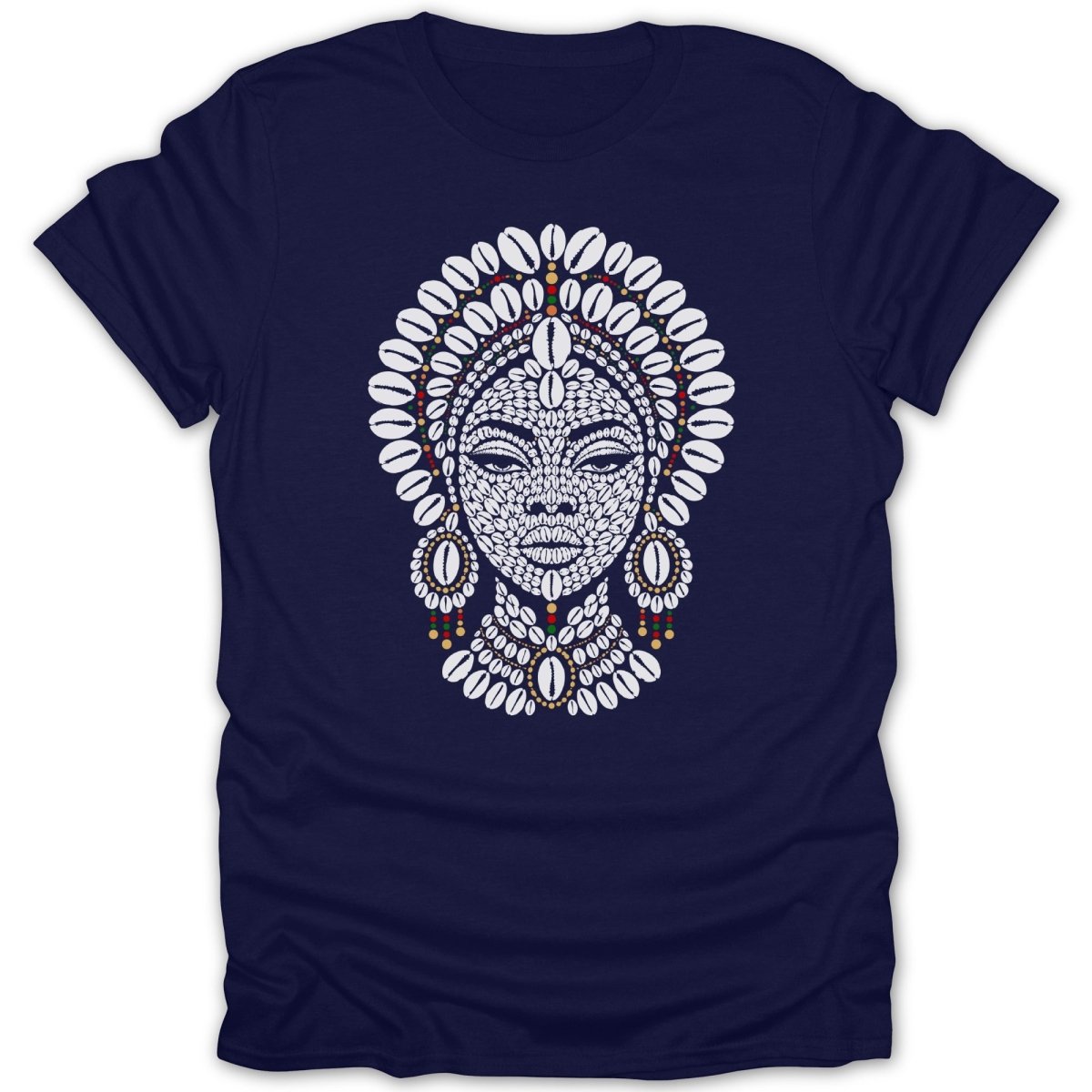 Navy t-shirt with a white cowrie shell beaded face and headdress.