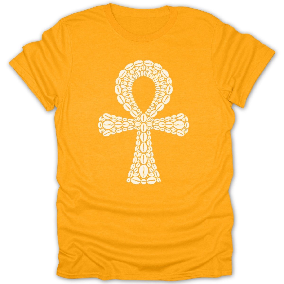 Orange t-shirt with a white ankh symbol made of coffee beans.