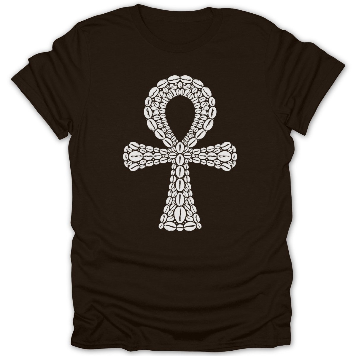 Brown t-shirt with a white ankh symbol made of coffee beans.