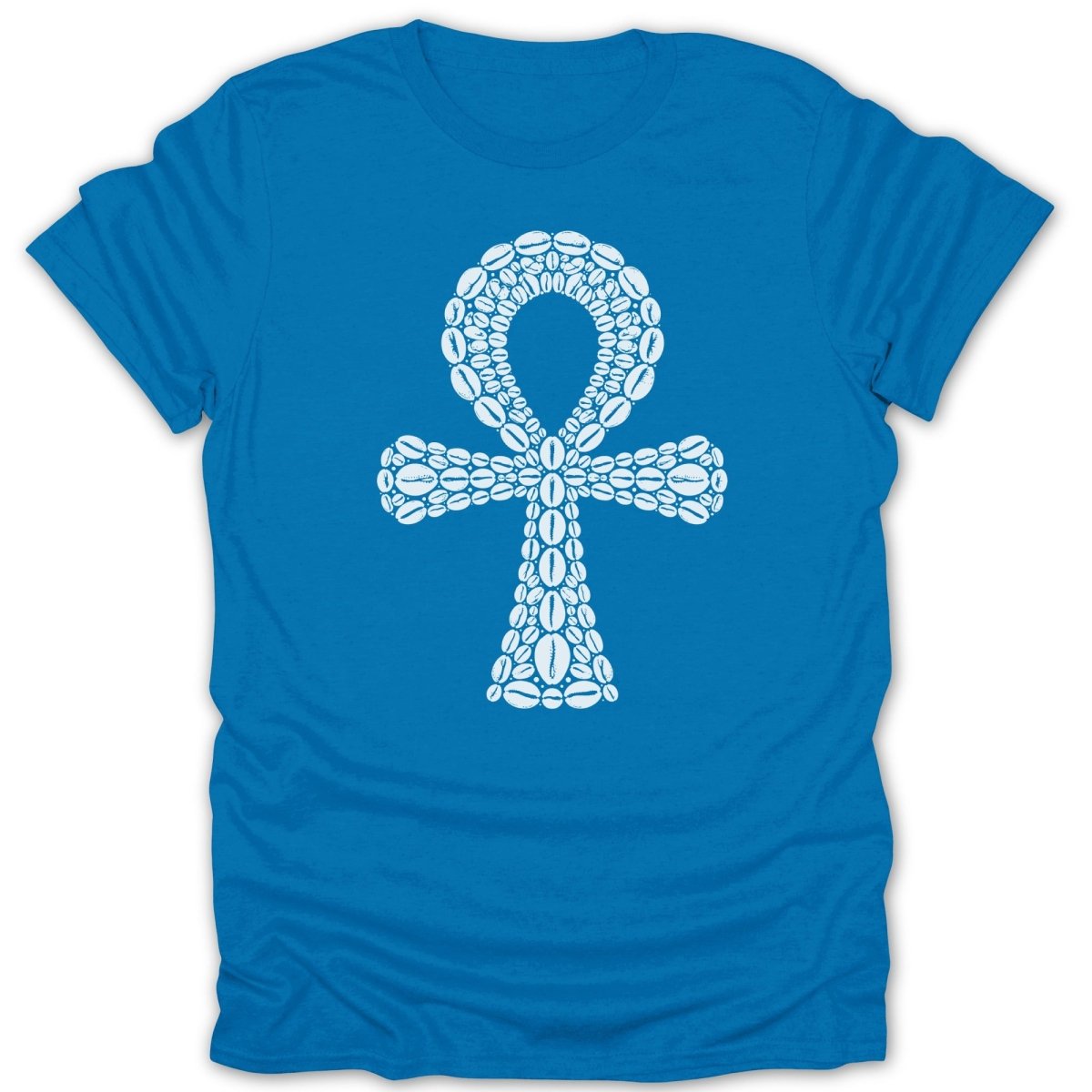 An ankh symbol formed from white coffee beans on a blue t-shirt.