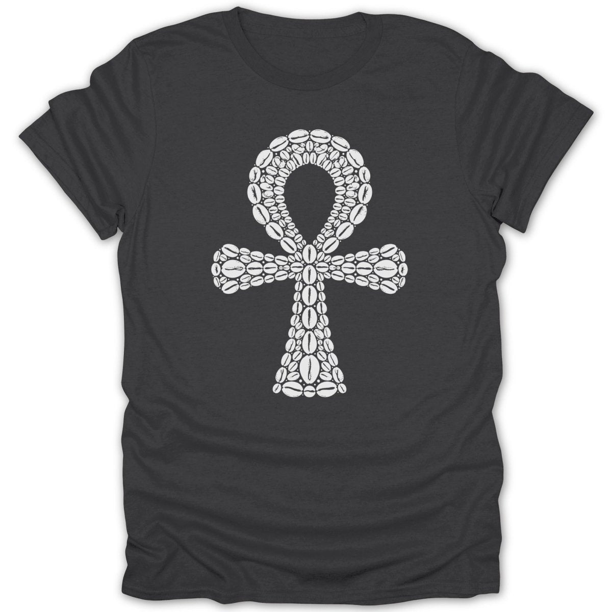 Ankh symbol made of coffee beans on a dark grey t-shirt.