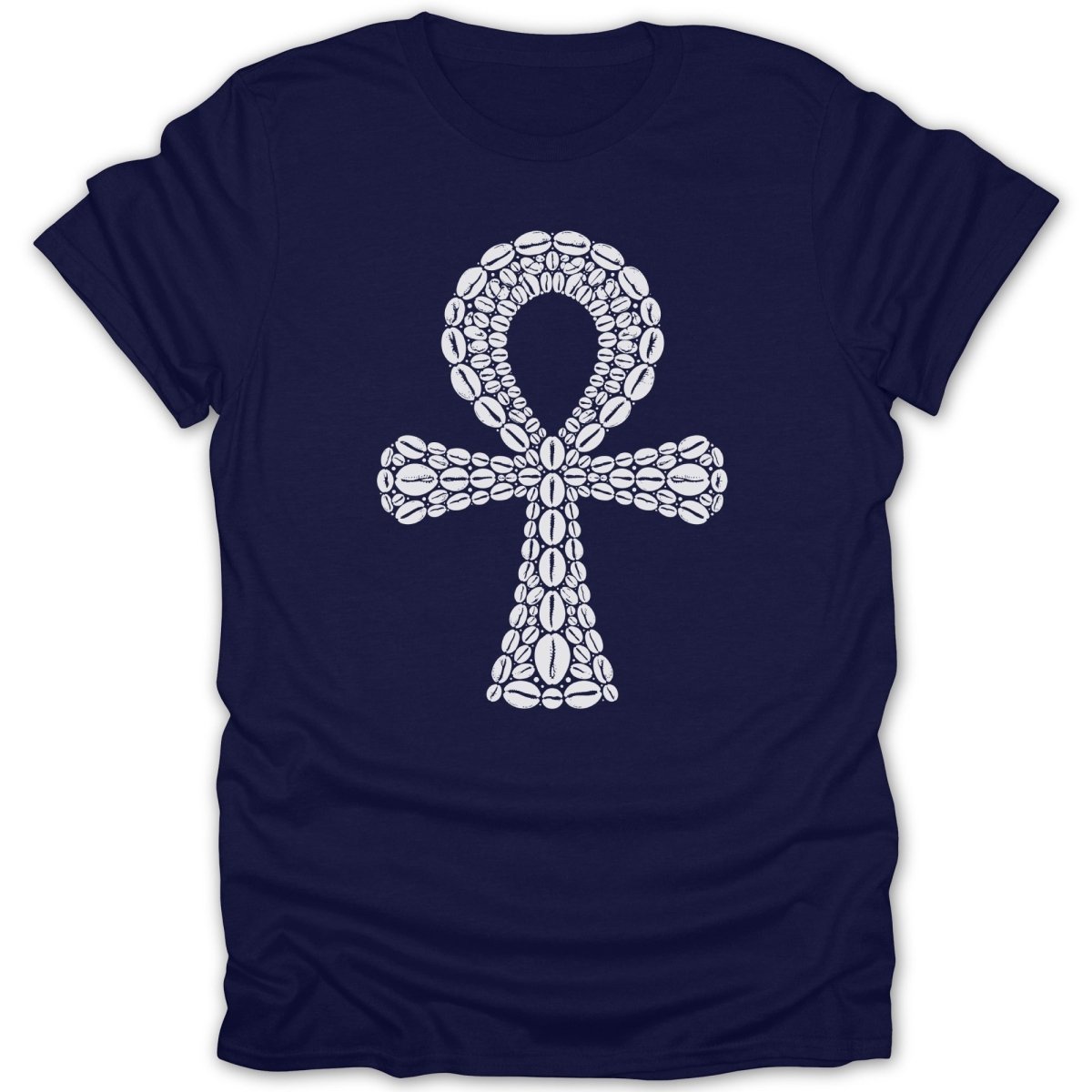 Navy t-shirt with a white ankh symbol made of cowrie shells.