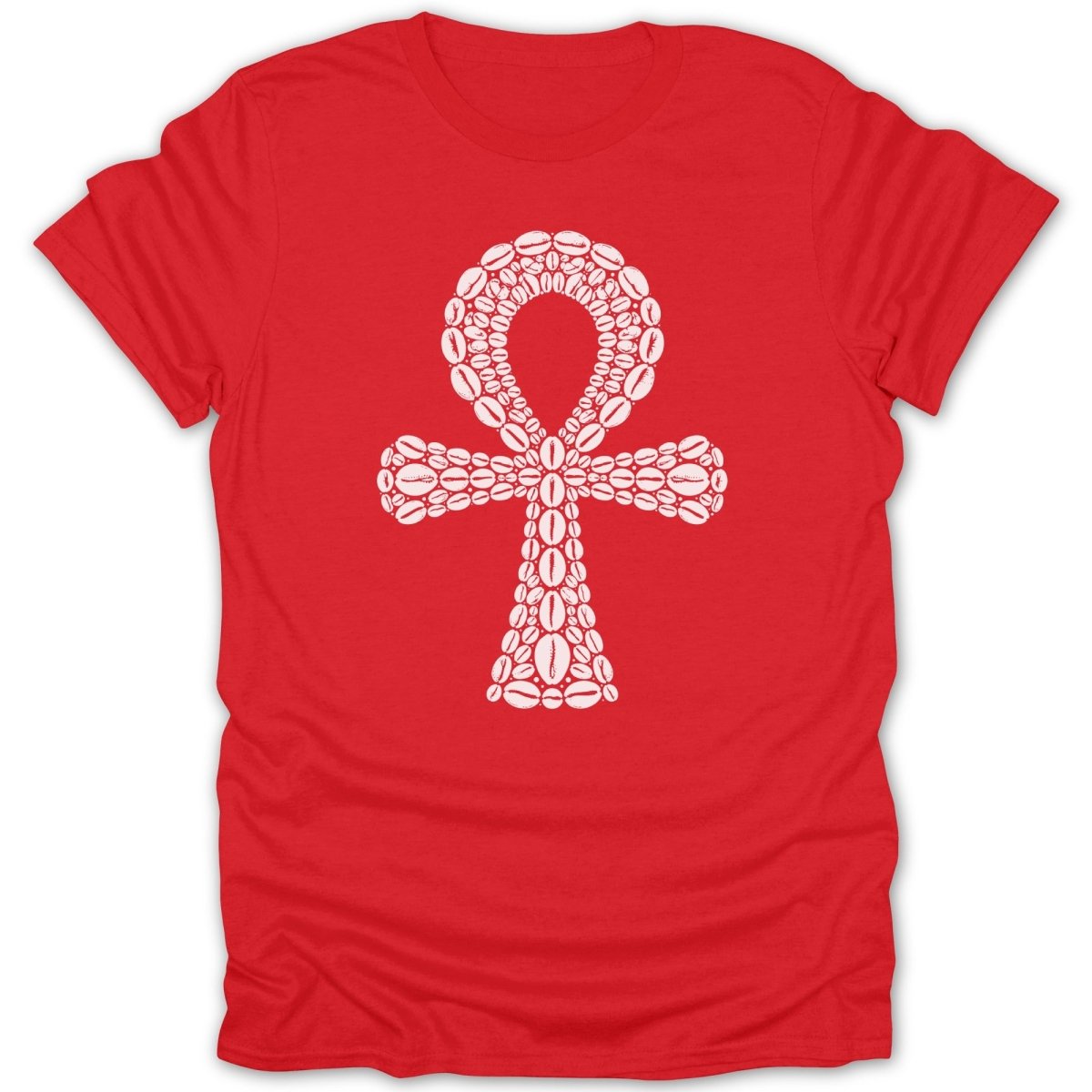 Red t-shirt with a white ankh symbol made of coffee beans.