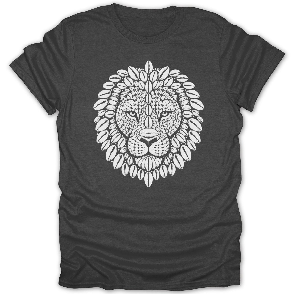 Dark t-shirt with a white mandala-style lion head design.