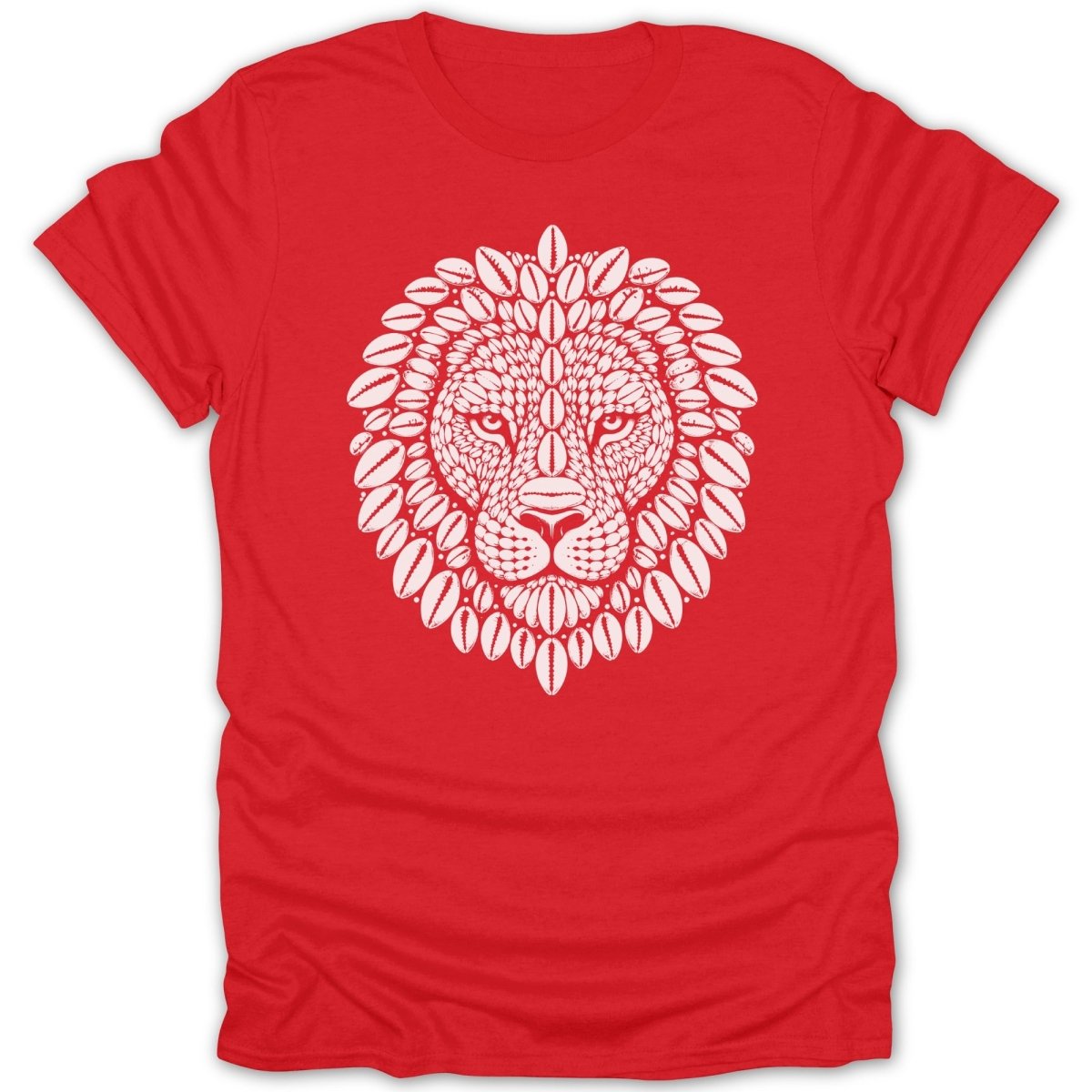 Red t-shirt with a white lion head design made of shells.