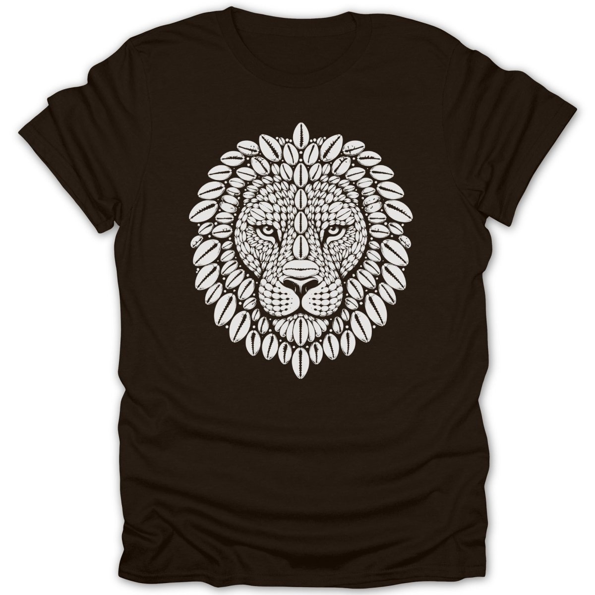 Brown t-shirt featuring a white lion head design made of stylized shells.