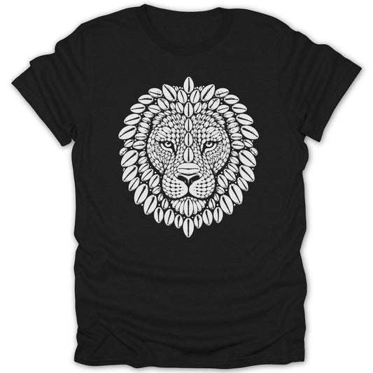 Black t-shirt with white lion head design and shell pattern.