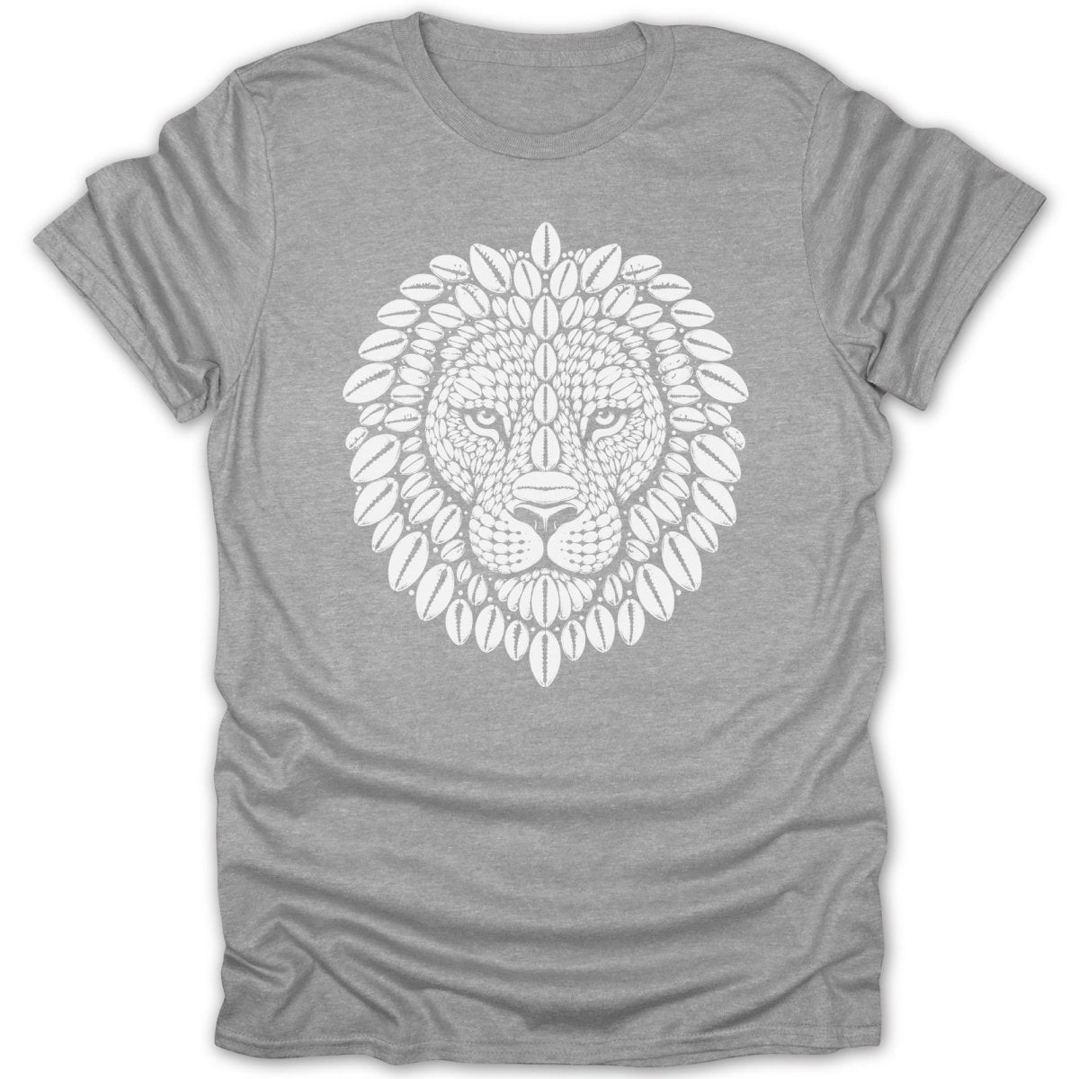 Grey t-shirt with a white lion head design made of shells.