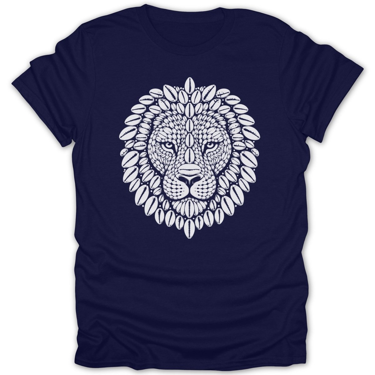 Navy t-shirt featuring a white lion head design with seashell accents.