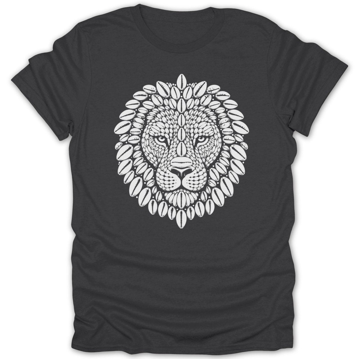 T-shirt with white lion head design made of shells.