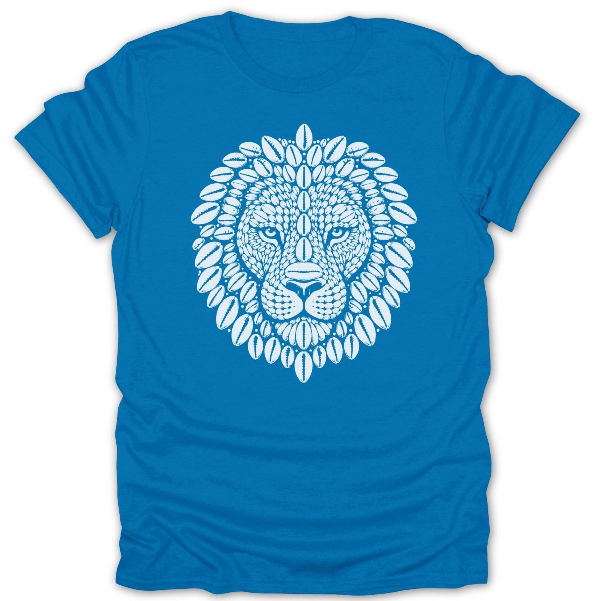 Blue t-shirt with a white lion head design made of seashells.
