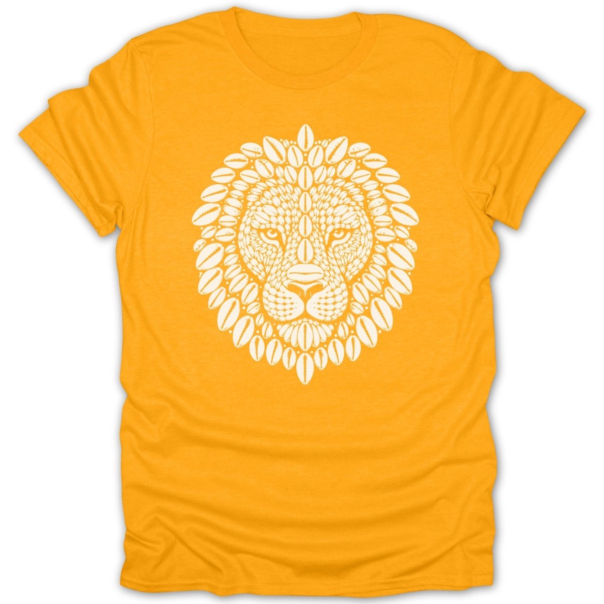 Orange t-shirt with a white lion's head design made of shells.