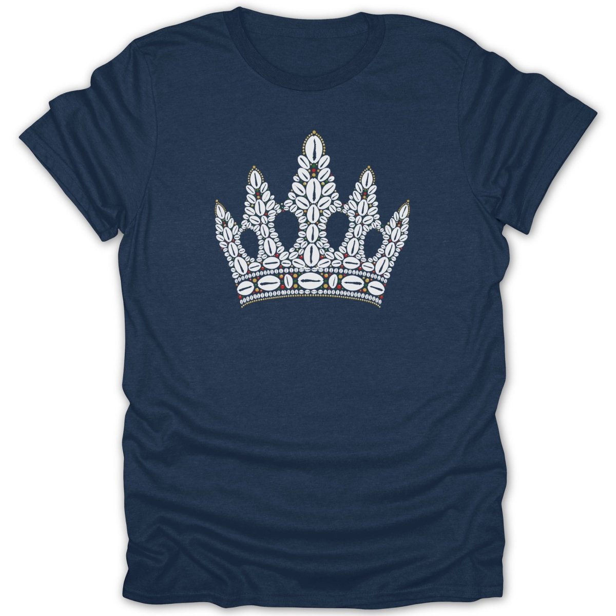 Navy blue t-shirt with a detailed white crown design featuring colorful jewels and beads.