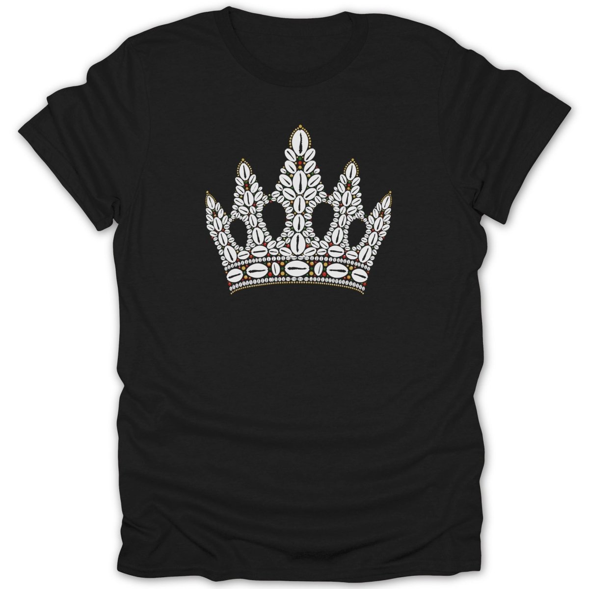 Black t-shirt with a crown graphic made of white shells and gold accents.