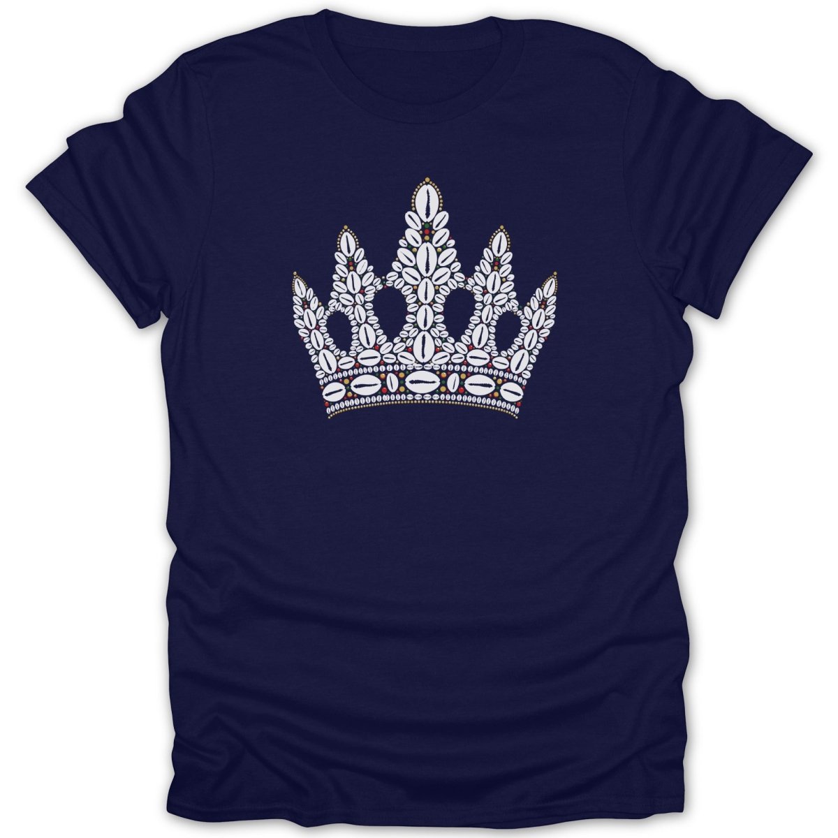 Dark blue t-shirt with a white crown design adorned with shells and gems.