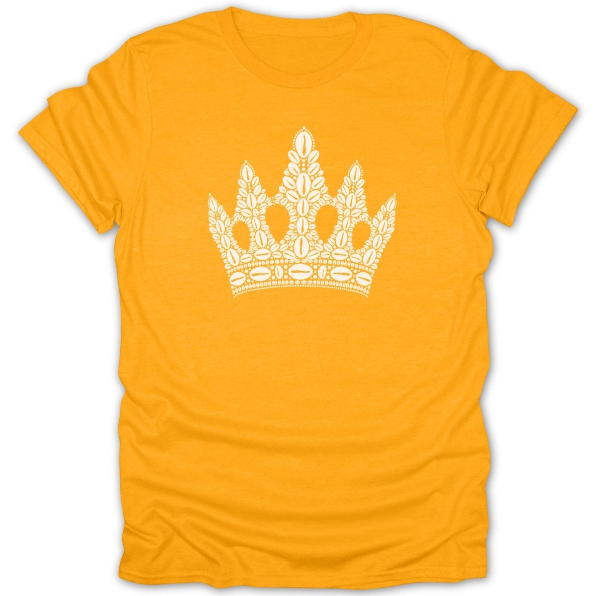 Yellow t-shirt with a white crown graphic made of coffee beans.