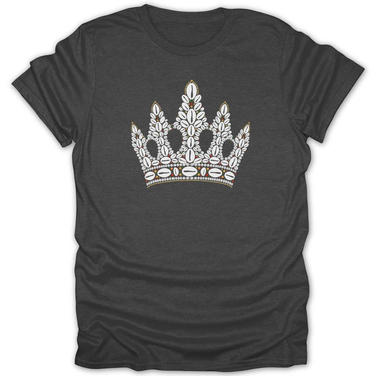 Dark grey t-shirt with a white and gold crown design.