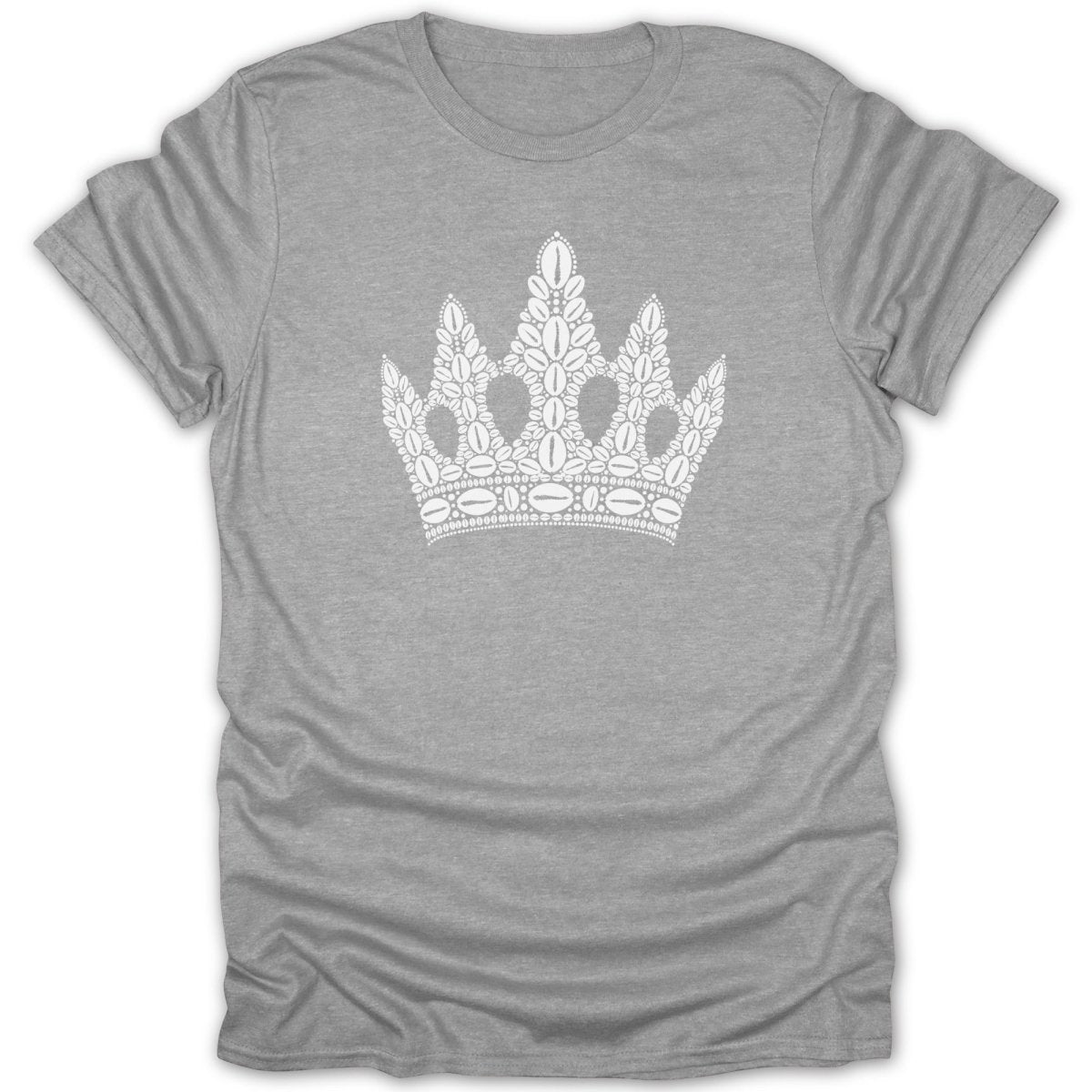 Grey t-shirt with a white crown design made of coffee beans.