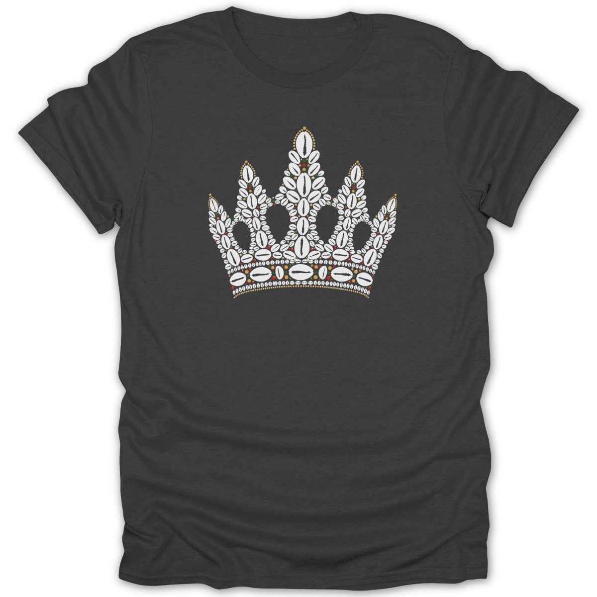 Dark t-shirt with a white and gold crown design featuring beads and shells.