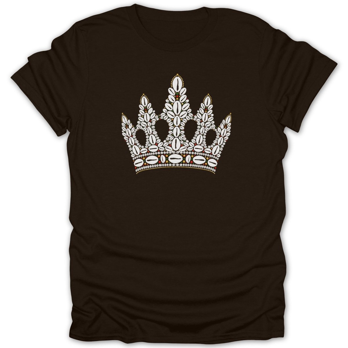 Brown t-shirt with a white and gold seashell crown design.