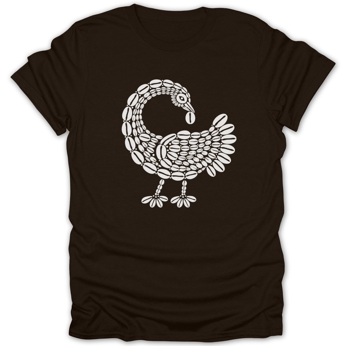 Dark brown t-shirt with white graphic of a bird made of oval shapes.