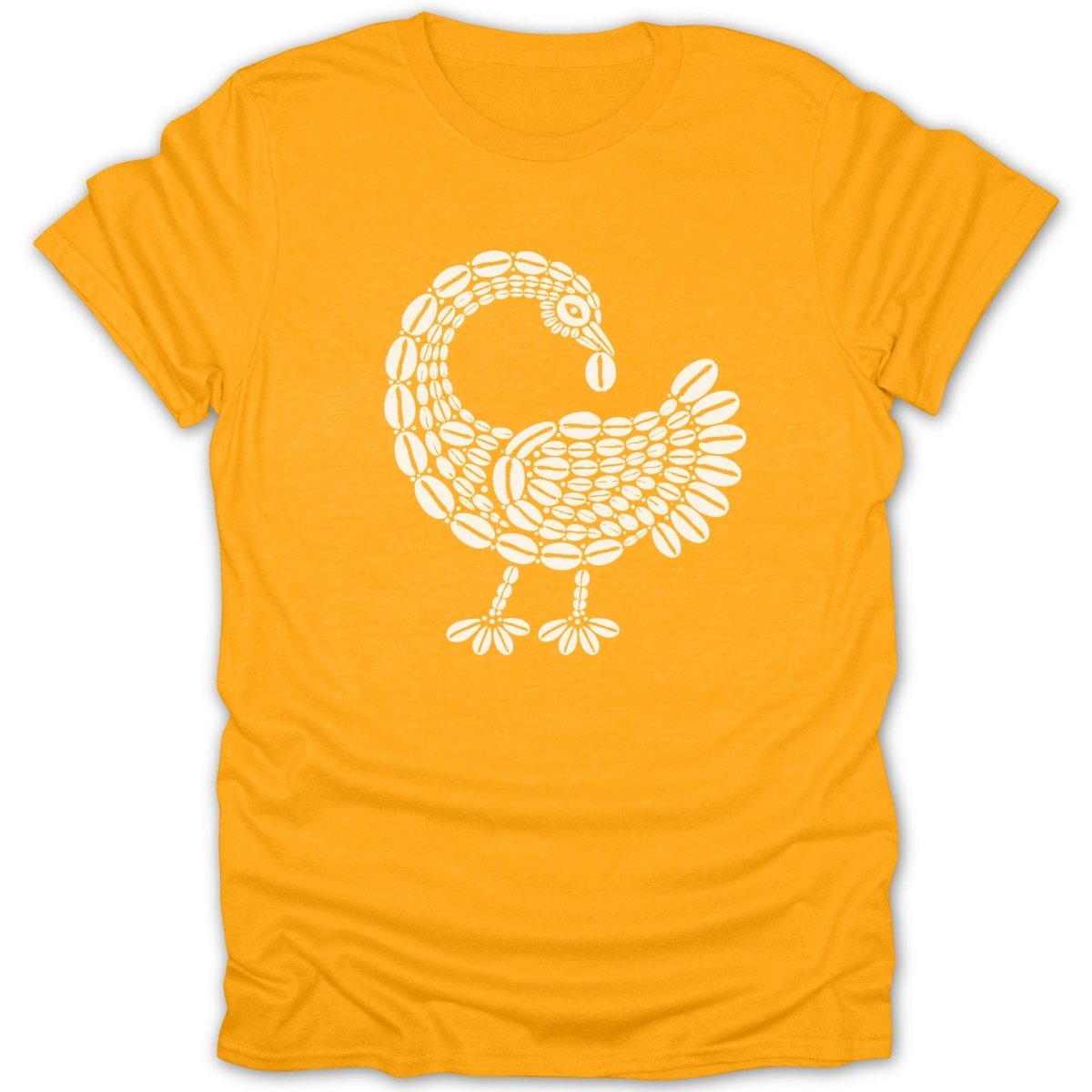 Orange t-shirt with white bird graphic made of seed-like shapes.