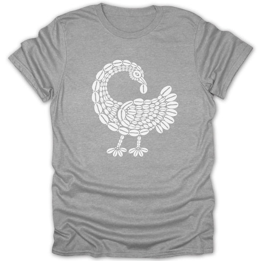 Grey t-shirt with white Adinkra symbol "Sankofa" depicting a bird looking backward.