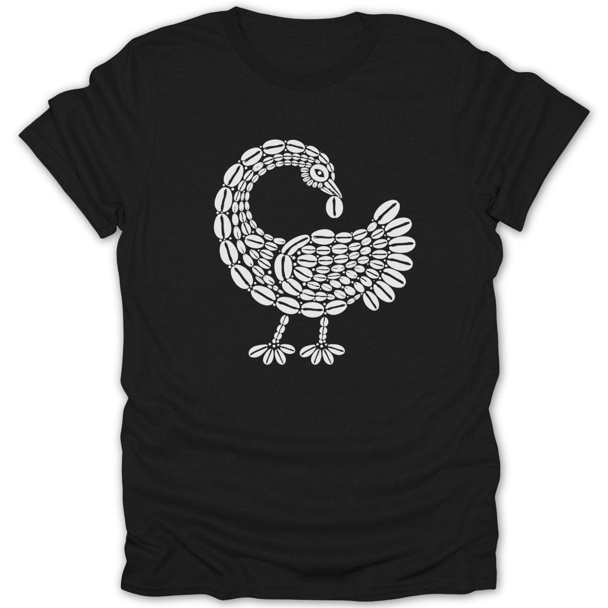 Black t-shirt with a white, stylized bird graphic made of beads.