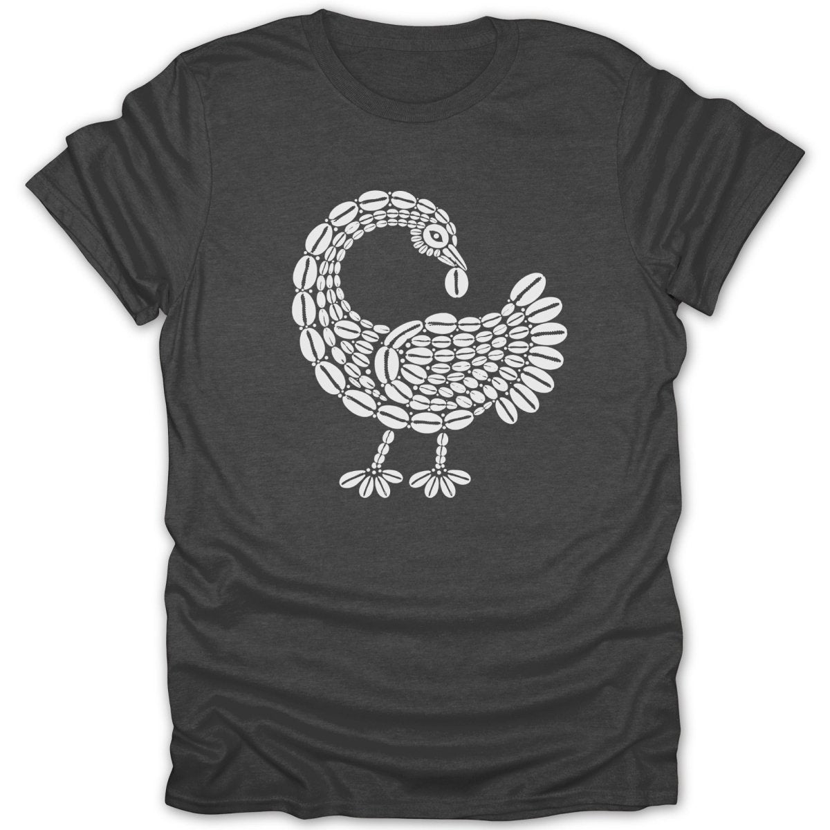 Dark grey t-shirt featuring a white, abstract bird design made of oval shapes.