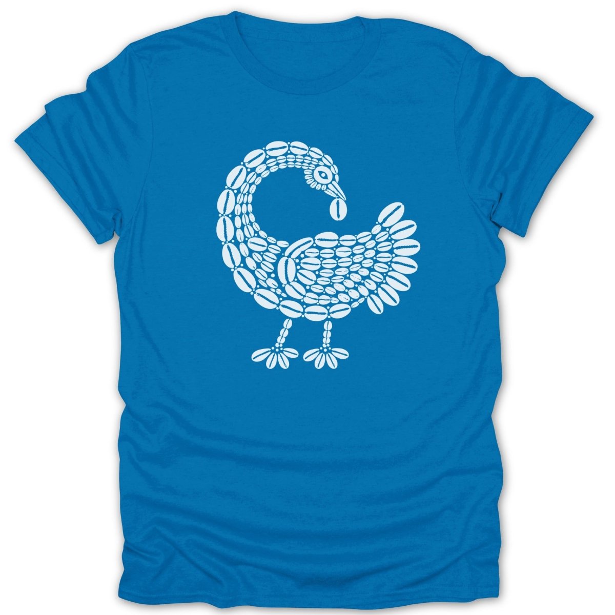 Blue t-shirt with a white Sankofa bird symbol made of cowrie shells.