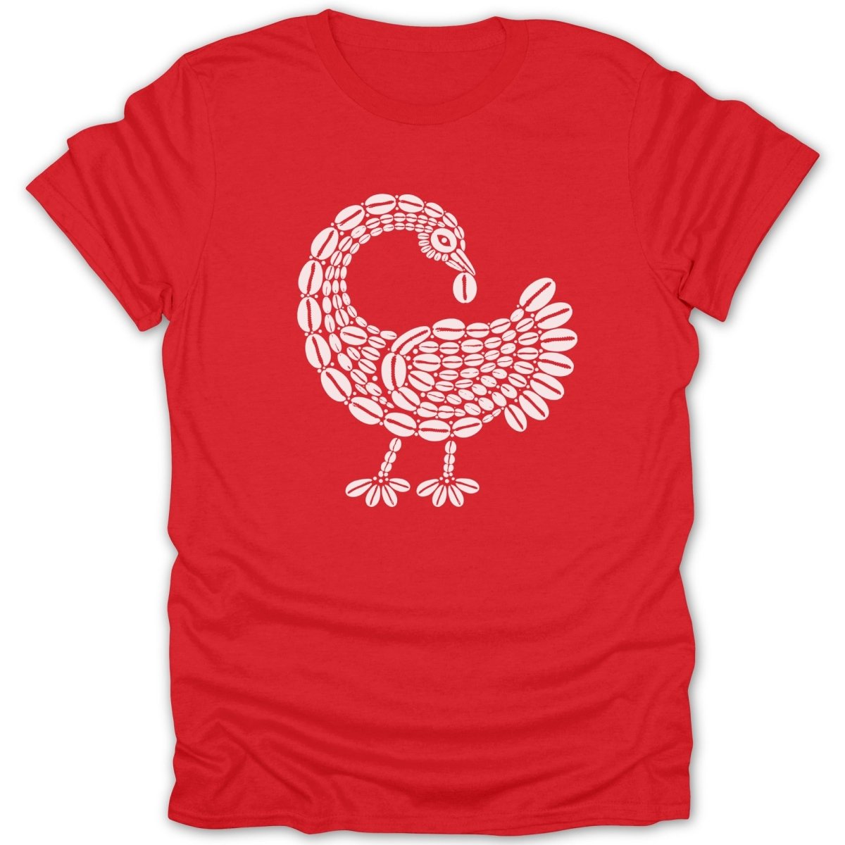 Red t-shirt with a white graphic of a Sankofa bird made of seeds.