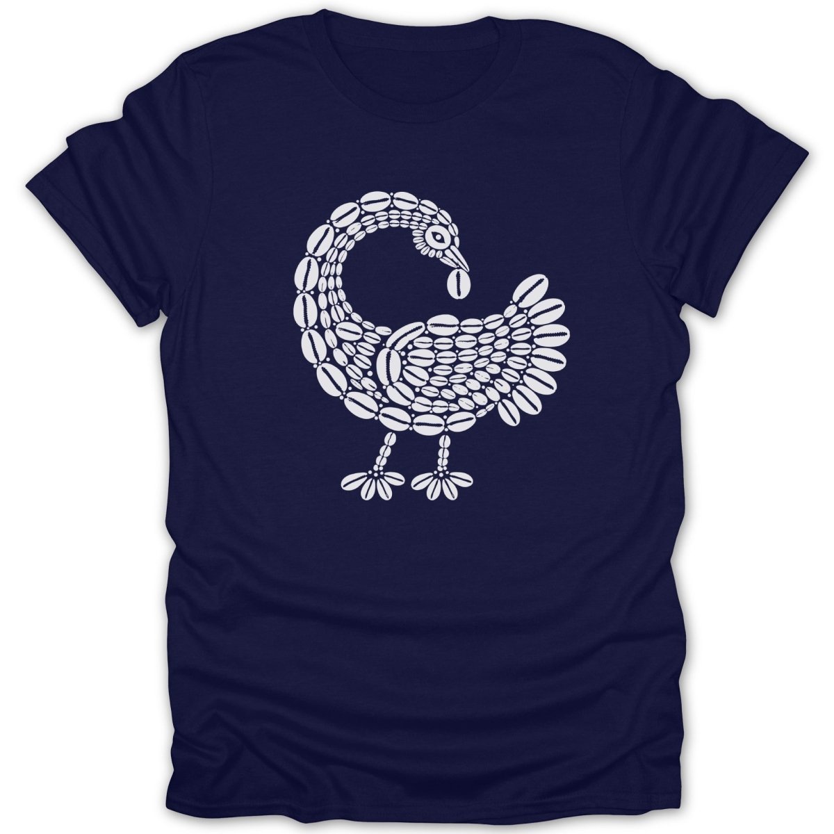 Dark blue t-shirt with white Adinkra symbol of a bird made of beads.