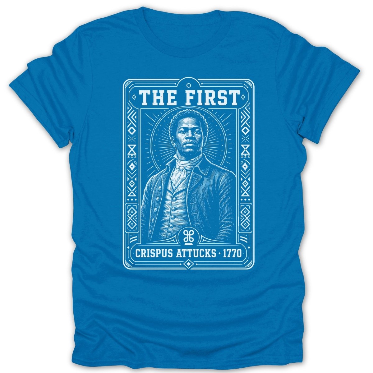 Crispus Attucks 1770 portrait on a blue t-shirt.