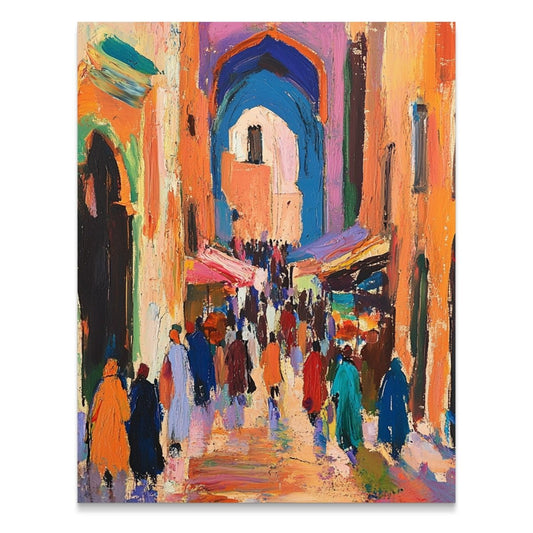 Crowded Moroccan Street with Archway Painting Poster - Zion Threadz