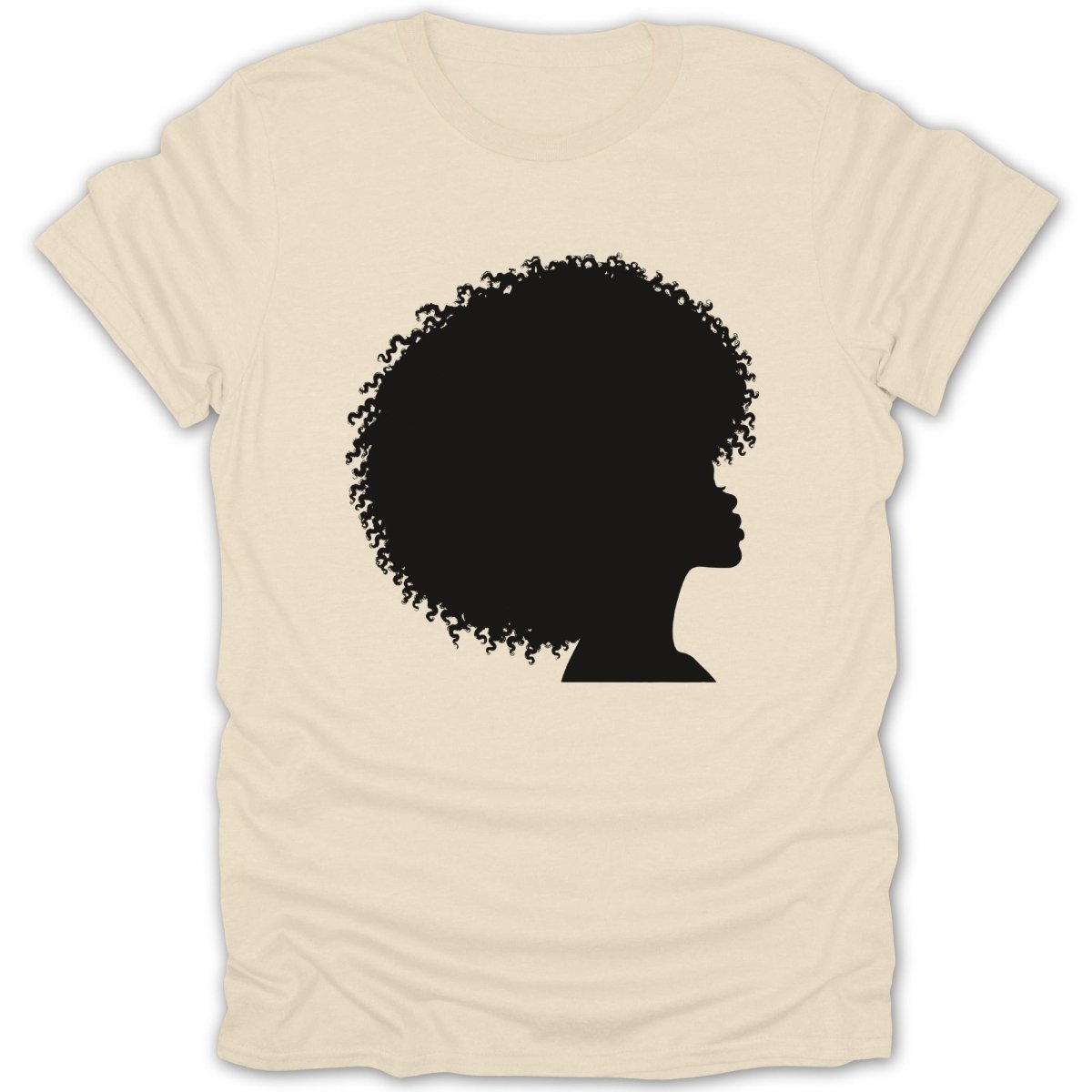 Black silhouette of a woman's profile with voluminous curly hair on a cream t-shirt.
