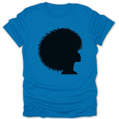 Blue t-shirt with black silhouette of a woman's profile and afro.