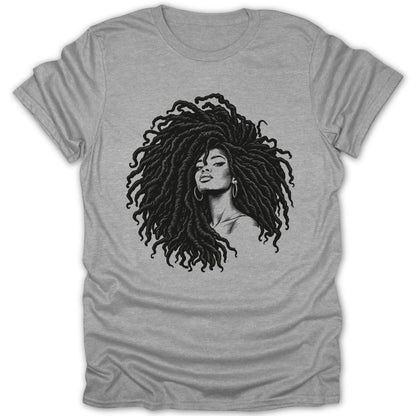 Black and white illustration of a woman with voluminous locs on a grey t-shirt.