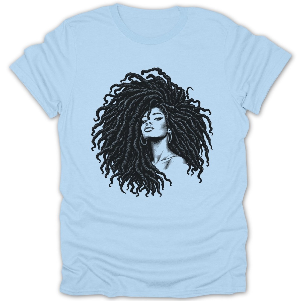 Black and white illustration of a woman with long dreadlocks on a light blue t-shirt.