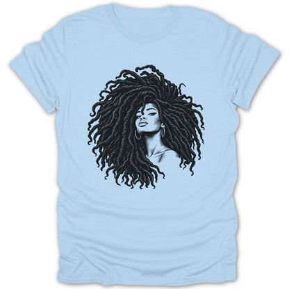 Black and white illustration of a woman with long dreadlocks on a light blue t-shirt.
